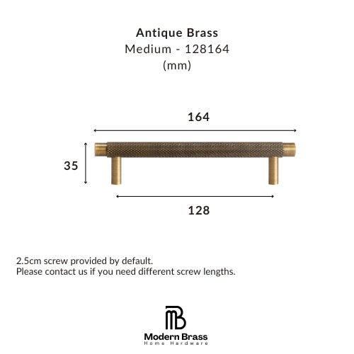 A dimension diagram of an antique brass drawer pull handle, showing measurements of 164 mm length, 128 mm width, and 33 mm height, with text indicating a 2.5cm screw is included by default.