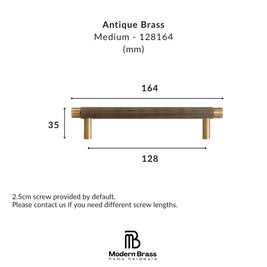 A dimension diagram of an antique brass drawer pull handle, showing measurements of 164 mm length, 128 mm width, and 33 mm height, with text indicating a 2.5cm screw is included by default.