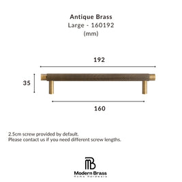 Dimension diagram of a large antique brass drawer pull handle, showing measurements of 192 mm width, 160 mm span, and 35 mm height, with Modern Brass Home Hardware branding.