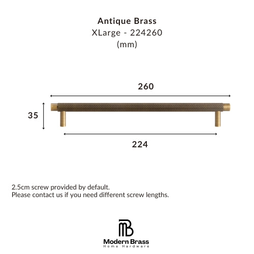 Dimension diagram of an Antique Brass XLarge pull handle, showing measurements of 260mm width, 224mm span, and 35mm height, with the Modern Brass Home Hardware logo at the bottom.
