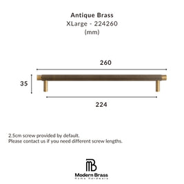 Dimension diagram of an Antique Brass XLarge pull handle, showing measurements of 260mm width, 224mm span, and 35mm height, with the Modern Brass Home Hardware logo at the bottom.