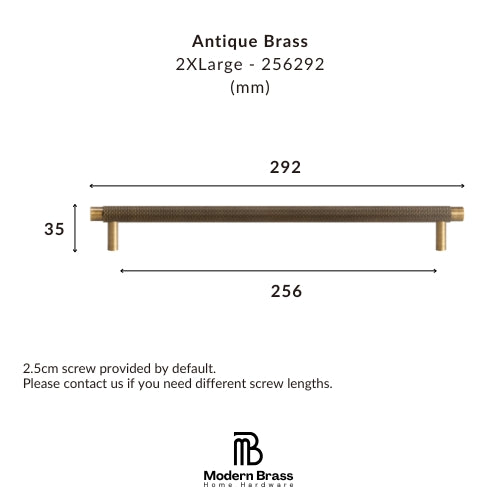 Dimension diagram of an antique brass 2-handle cabinet pull on a white background, showing measurements of 292mm width, 35mm height, and 256mm handle span, with the Modern Brass Home Hardware logo at the bottom.