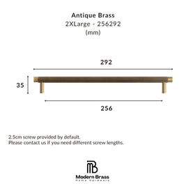Dimension diagram of an antique brass 2-handle cabinet pull on a white background, showing measurements of 292mm width, 35mm height, and 256mm handle span, with the Modern Brass Home Hardware logo at the bottom.