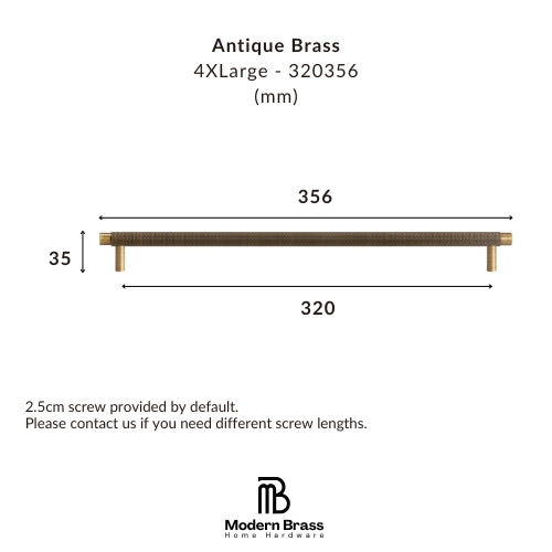 Measurement diagram for an Antique Brass 4XLarge cabinet pull handle, showing dimensions of 356 mm length, 320 mm width, and 35 mm height, with the Modern Brass Home Hardware logo at the bottom.
