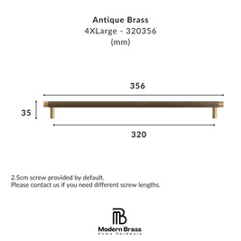 Measurement diagram for an Antique Brass 4XLarge cabinet pull handle, showing dimensions of 356 mm length, 320 mm width, and 35 mm height, with the Modern Brass Home Hardware logo at the bottom.