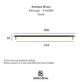 Measurement diagram for an Antique Brass shelf, showing a 6XLarge size in millimeters with dimensions 500, 416, and 35, plus the Modern Brass Home Hardware logo.