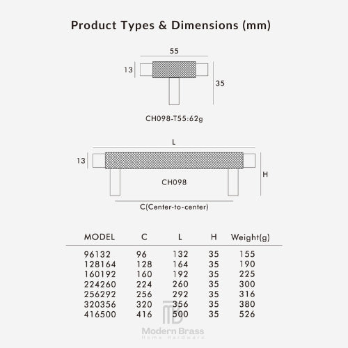 A product dimension chart for a modern brass table leg, showing technical line drawings with measurements in millimeters and a reference table listing model numbers, center-to-center distance, leg height, and weight.