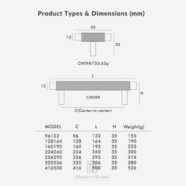 A product dimension chart for a modern brass table leg, showing technical line drawings with measurements in millimeters and a reference table listing model numbers, center-to-center distance, leg height, and weight.