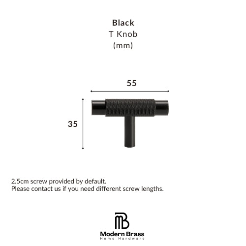 Black T-shaped cabinet knob with dimension markings showing a width of 55mm and height of 35mm, on a white background with Modern Brass Home Hardware branding.