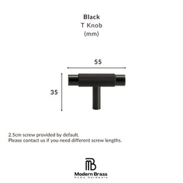 Black T-shaped cabinet knob with dimension markings showing a width of 55mm and height of 35mm, on a white background with Modern Brass Home Hardware branding.
