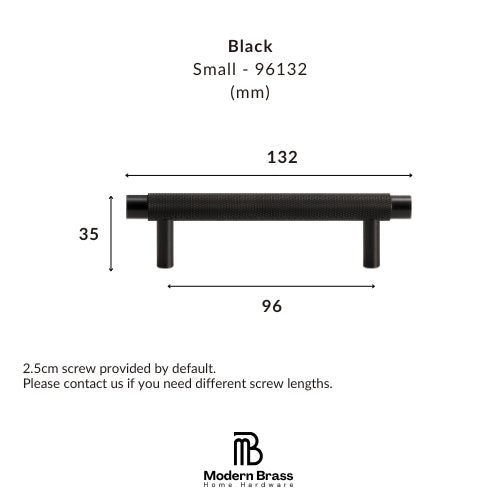 Black cabinet pull handle dimension diagram showing width of 132 mm, height of 35 mm, and depth of 96 mm, with text noting a 2.5cm screw is included by default.