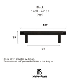 Black cabinet pull handle dimension diagram showing width of 132 mm, height of 35 mm, and depth of 96 mm, with text noting a 2.5cm screw is included by default.