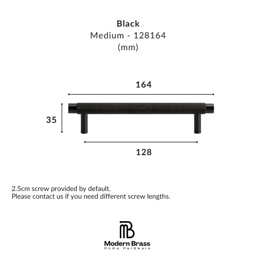 Technical dimension diagram of a black cabinet pull handle, showing measurements of 164 mm width, 128 mm overall span, and 35 mm height, with text indicating black finish and screw length information. Modern Brass Home Hardware logo appears at the bottom.