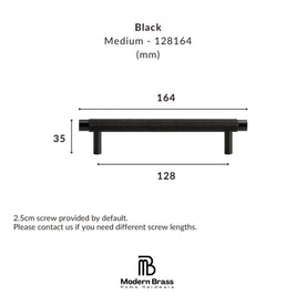 Technical dimension diagram of a black cabinet pull handle, showing measurements of 164 mm width, 128 mm overall span, and 35 mm height, with text indicating black finish and screw length information. Modern Brass Home Hardware logo appears at the bottom.