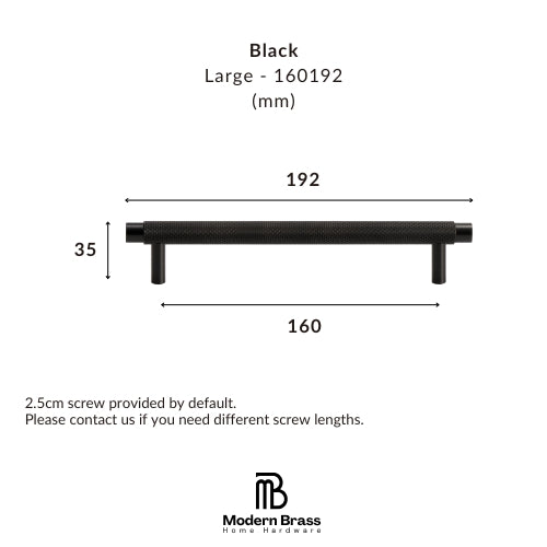 Black large cabinet pull handle dimension diagram showing width measurements of 192 mm and 160 mm, height of 35 mm, with Modern Brass Home Hardware branding on a white background.