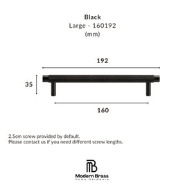 Black large cabinet pull handle dimension diagram showing width measurements of 192 mm and 160 mm, height of 35 mm, with Modern Brass Home Hardware branding on a white background.