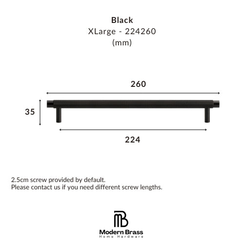 Technical dimension diagram of a black XLarge cabinet pull handle by Modern Brass Home Hardware, showing measurements of 260 mm length, 224 mm width, and 35 mm height.