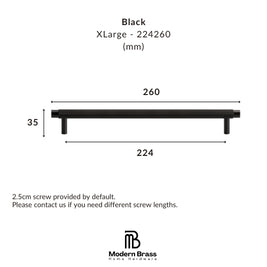 Technical dimension diagram of a black XLarge cabinet pull handle by Modern Brass Home Hardware, showing measurements of 260 mm length, 224 mm width, and 35 mm height.