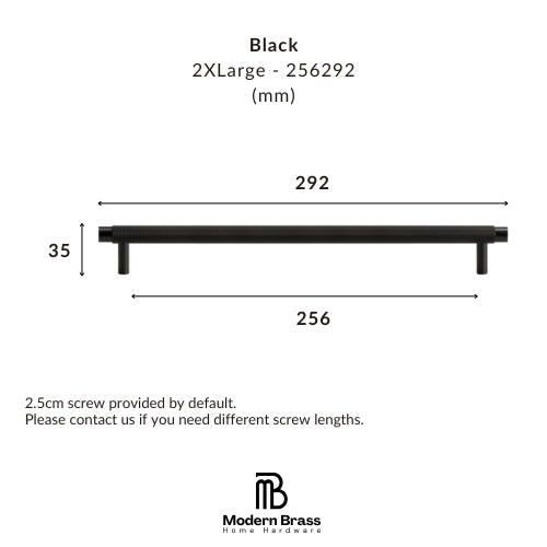 Black metal shelf rail dimension diagram showing a 2XL size measurement of 292mm length, 35mm height, and 256mm base width, with the Modern Brass Home Hardware logo at the bottom.