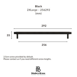 Black metal shelf rail dimension diagram showing a 2XL size measurement of 292mm length, 35mm height, and 256mm base width, with the Modern Brass Home Hardware logo at the bottom.