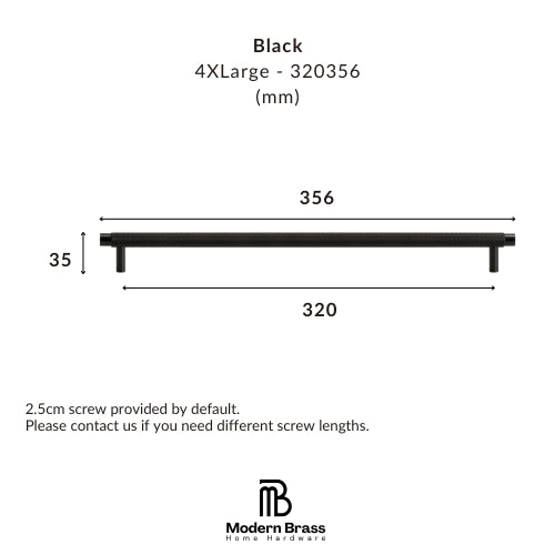 Black 4XLarge dimension diagram of a modern brass shelf with measurements 356, 320, and 35, plus screw length note and Modern Brass Home Hardware logo.