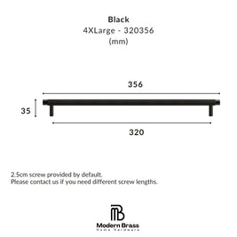 Black 4XLarge dimension diagram of a modern brass shelf with measurements 356, 320, and 35, plus screw length note and Modern Brass Home Hardware logo.