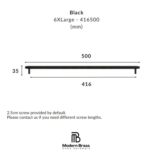 Black 6XL large bed frame dimension diagram showing a 500 x 416 mm frame with a height of 35 mm, by Modern Brass Home Hardware.