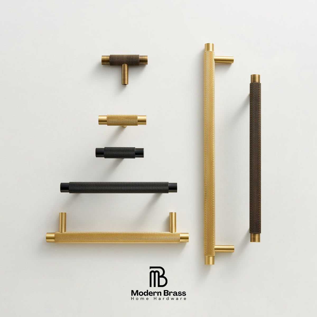 Six modern brass and bronze cabinet handles in various shapes and finishes, arranged vertically on a clean white background with the Modern Brass logo at the bottom.