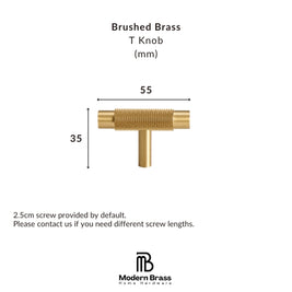 A brass T-shaped cabinet knob shown with dimension labels indicating 55 mm width and 35 mm height, plus text noting a 2.5 cm screw is included by default.