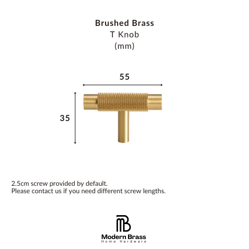 A brass T-shaped cabinet knob shown with dimension labels indicating 55 mm width and 35 mm height, plus text noting a 2.5 cm screw is included by default.