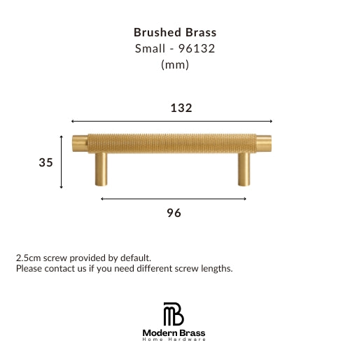 A dimension diagram of a small brushed brass cabinet pull handle, showing measurements of 132 mm width, 33 mm height, and 96 mm depth, with the Modern Brass Home Hardware logo at the bottom.