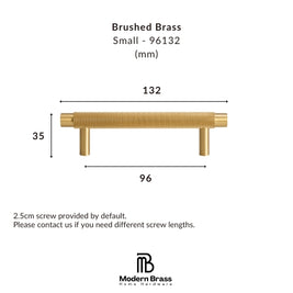 A dimension diagram of a small brushed brass cabinet pull handle, showing measurements of 132 mm width, 33 mm height, and 96 mm depth, with the Modern Brass Home Hardware logo at the bottom.