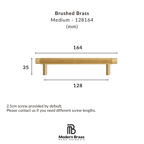 Technical dimension diagram of a brushed brass drawer pull handle, showing a medium-length brass bar with a width of 164mm, height of 33mm, and depth of 128mm, with text specifying 'Brushed Brass' and 'Medium - 128164 (mm)'.