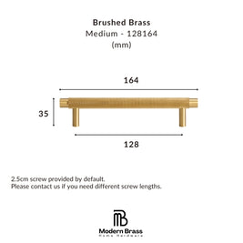 Technical dimension diagram of a brushed brass drawer pull handle, showing a medium-length brass bar with a width of 164mm, height of 33mm, and depth of 128mm, with text specifying 'Brushed Brass' and 'Medium - 128164 (mm)'.