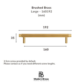 A dimension diagram of a brushed brass cabinet bar pull, labeled Large - 160192, showing measurements of 192 mm width, 160 mm span, and 34 mm height, with the Modern Brass Home Hardware logo at the bottom.