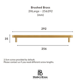 Technical dimension diagram of a brushed brass bathroom towel bar, showing a length of 292mm and a height of 35mm, with the Modern Brass logo at the bottom.