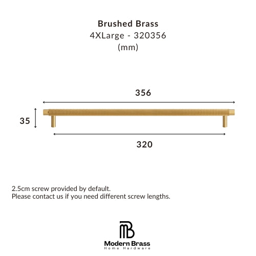 A dimension diagram of a brushed brass wall-mounted shelf bar, showing a length of 320mm and a height of 35mm, with text specifying 'Brushed Brass 4XLarge - 320356 (mm)' and the Modern Brass Home Hardware logo at the bottom.