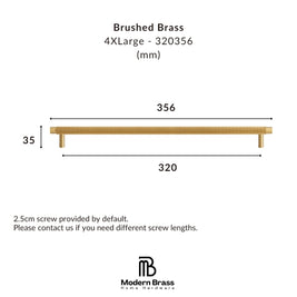 A dimension diagram of a brushed brass wall-mounted shelf bar, showing a length of 320mm and a height of 35mm, with text specifying 'Brushed Brass 4XLarge - 320356 (mm)' and the Modern Brass Home Hardware logo at the bottom.