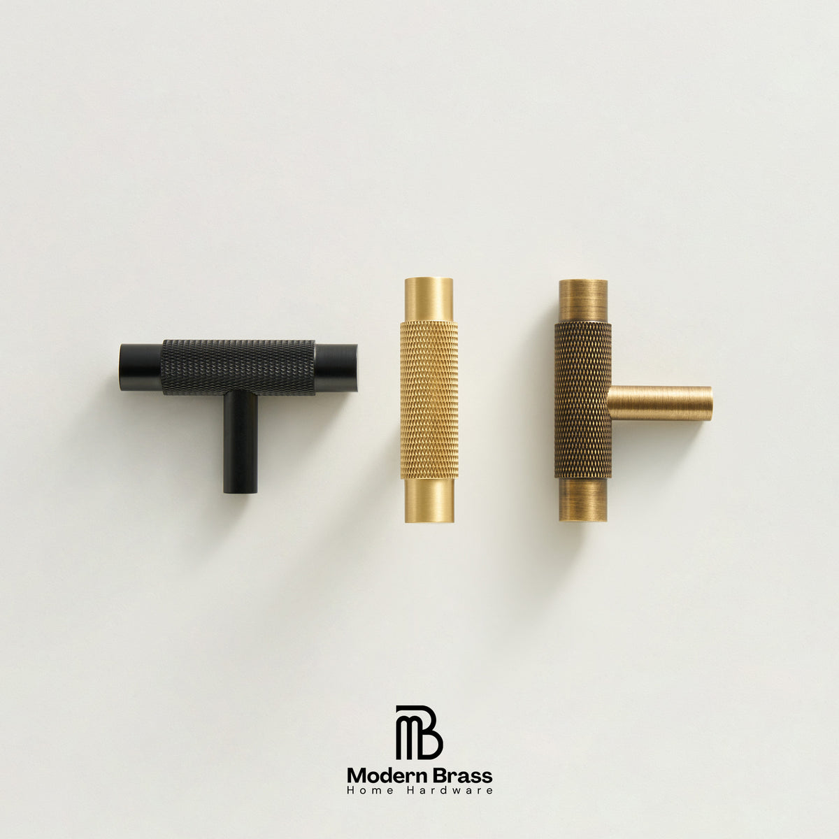 Three modern cabinet knobs in matte black and brass finishes arranged horizontally on a clean white background, with the Modern Brass Home Hardware logo at the bottom.