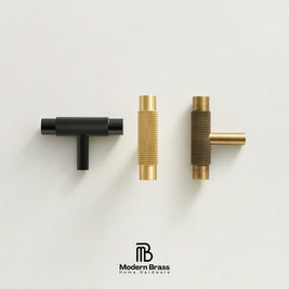 Three modern cabinet knobs in matte black and brass finishes arranged horizontally on a clean white background, with the Modern Brass Home Hardware logo at the bottom.