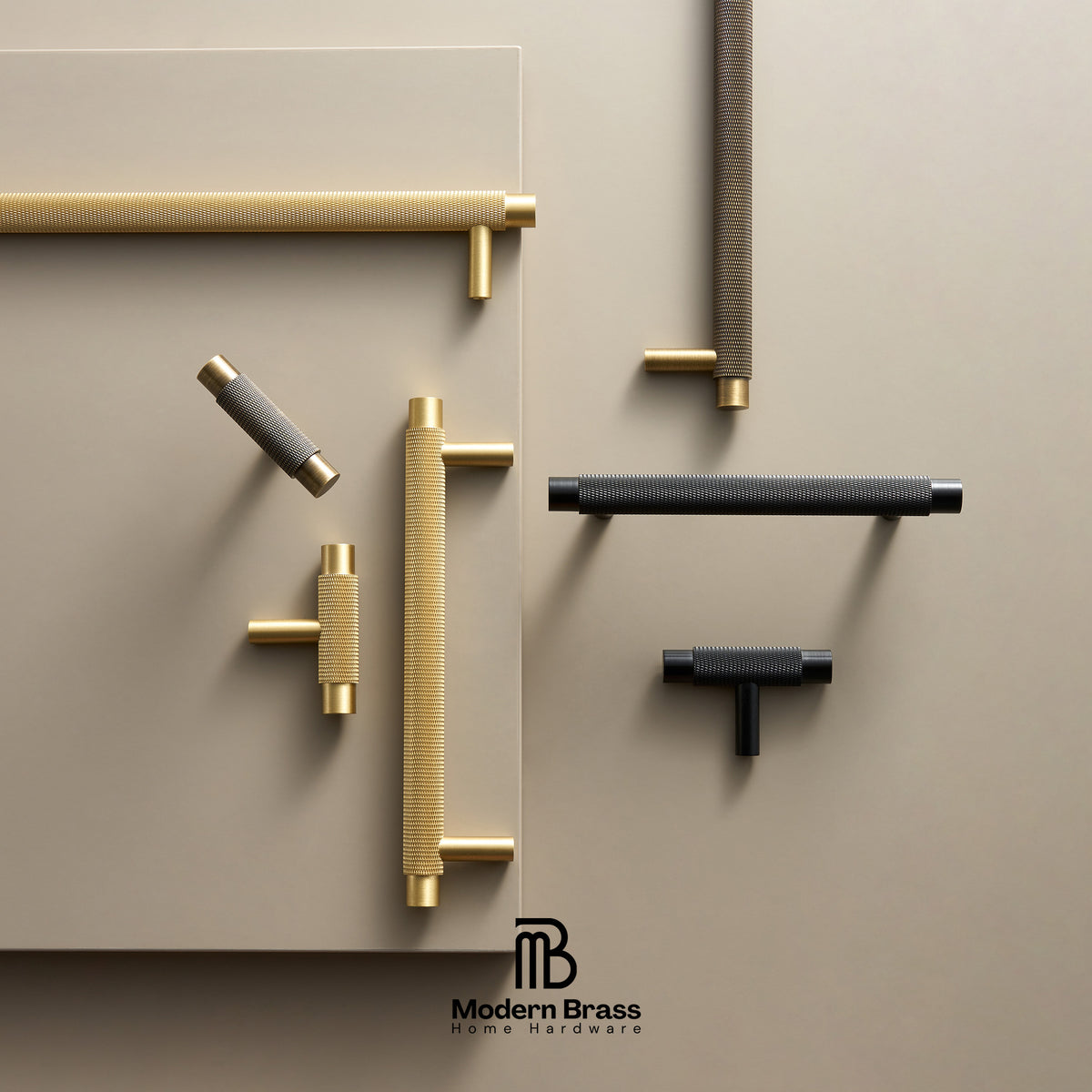 A styled product display of multiple brass and black cabinet handles arranged on a beige background, with the Modern Brass logo at the bottom.