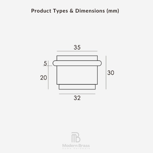 Technical dimension diagram of a cylindrical product component on a light gray background, labeled 'Product Types & Dimensions (mm)' with measurements 35, 5, 20, 30, and 32. Modern Brass Home Hardware logo appears at the bottom.