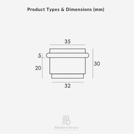 Technical dimension diagram of a cylindrical product component on a light gray background, labeled 'Product Types & Dimensions (mm)' with measurements 35, 5, 20, 30, and 32. Modern Brass Home Hardware logo appears at the bottom.