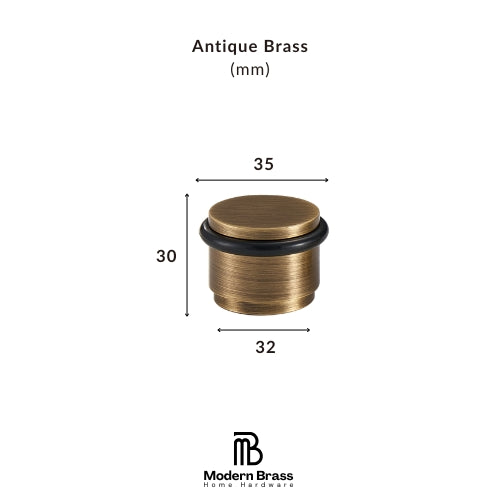 A brass cabinet knob shown with dimension lines and labels indicating 35 mm width, 30 mm height, and 32 mm base diameter, with the text 'Antique Brass (mm)' at the top and the Modern Brass Home Hardware logo at the bottom.