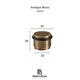 A brass cabinet knob shown with dimension lines and labels indicating 35 mm width, 30 mm height, and 32 mm base diameter, with the text 'Antique Brass (mm)' at the top and the Modern Brass Home Hardware logo at the bottom.
