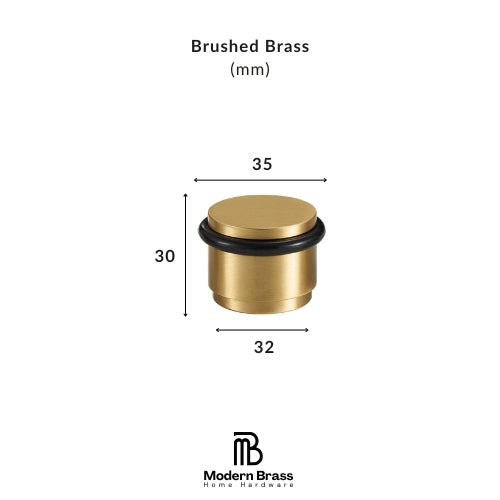A brushed brass cylindrical hardware component with dimension labels showing 35 mm width, 30 mm height, and 32 mm base diameter, on a white background with Modern Brass branding.