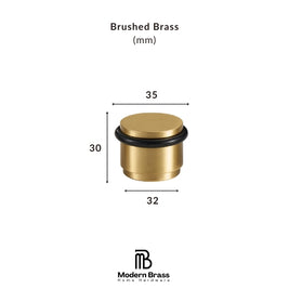 A brushed brass cylindrical hardware component with dimension labels showing 35 mm width, 30 mm height, and 32 mm base diameter, on a white background with Modern Brass branding.