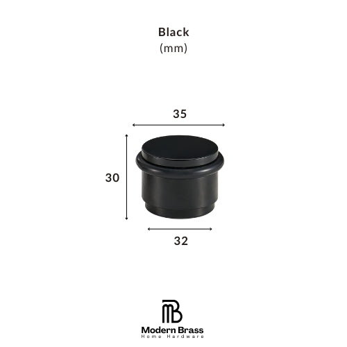 A black cylindrical knob or dial shown on a white background with dimension labels indicating 30 mm height, 35 mm top diameter, and 32 mm base diameter. Text above reads 'Black (mm)' and the Modern Brass Home Hardware logo appears at the bottom.