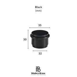 A black cylindrical knob or dial shown on a white background with dimension labels indicating 30 mm height, 35 mm top diameter, and 32 mm base diameter. Text above reads 'Black (mm)' and the Modern Brass Home Hardware logo appears at the bottom.