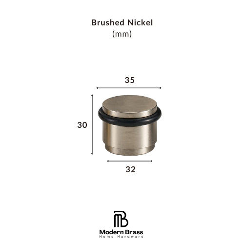 A brushed nickel cylindrical hardware component with dimension labels showing 35 across the top, 30 tall on the left, and 32 across the bottom, on a white background with Modern Brass Home Hardware branding.